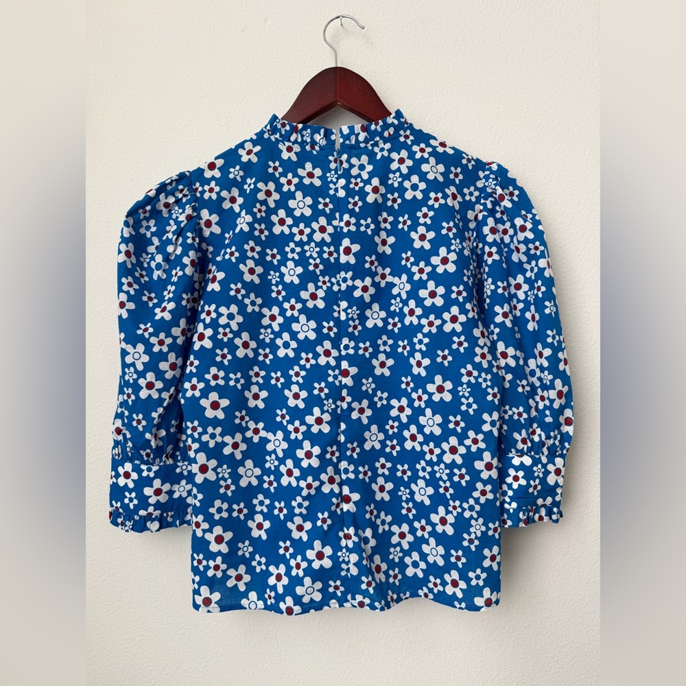 RIXO Mandy Retro Ruffle Puff Sleeve Top in Micro Mod Floral Blue Size XS/ US 4 - Picture 5 of 10